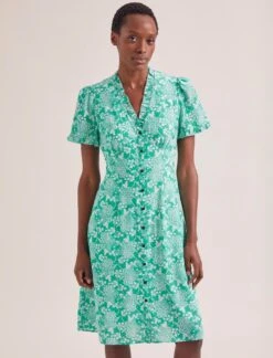 Tabby Silk Tea Dress - Green Damask Print -CEFINN Shop SU24 D579 TABBY GREEN DAMASK PRINT LS 0320