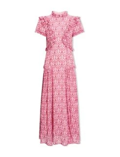 Mirabel Gold Metallic Fil Coupé Maxi Dress - Pink Carnation Print -CEFINN Shop SU24 D619 MIRABEL PINKCARNATIONPRINT CO