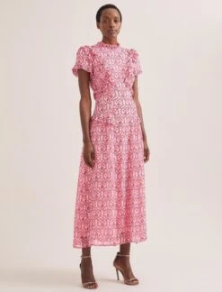 Mirabel Gold Metallic Fil Coupé Maxi Dress - Pink Carnation Print -CEFINN Shop SU24 D619 MIRABEL PINK CARNATION PRINT 688 850