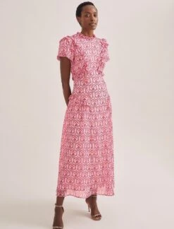 Mirabel Gold Metallic Fil Coupé Maxi Dress - Pink Carnation Print -CEFINN Shop SU24 D619 MIRABEL PINK CARNATION PRINT 688 873