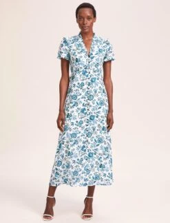 Liliana Cotton Blend Maxi Dress - White Blue Palm Floral -CEFINN Shop SU24 D620 LILIANA WHITEBLUEPALMFLORAL LS 39466