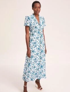 Liliana Cotton Blend Maxi Dress - White Blue Palm Floral