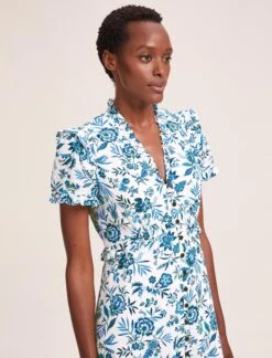 Liliana Cotton Blend Maxi Dress - White Blue Palm Floral -CEFINN Shop SU24 D620 LILIANA WHITEBLUEPALMFLORAL LS 39508