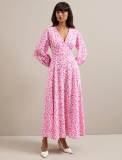 Cora Cotton Blend Maxi Dress - Hot Pink Blossom Print -CEFINN Shop SU24 D636 CORA HOTPINKBLOSSOMPRINT LS 1004