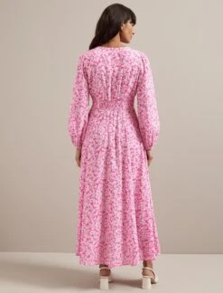 Cora Cotton Blend Maxi Dress - Hot Pink Blossom Print -CEFINN Shop SU24 D636 CORA HOTPINKBLOSSOMPRINT LS 1108