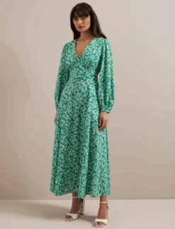 Cora Cotton Blend Maxi Dress - Mid Green Blossom Print -CEFINN Shop SU24 D636 CORA MIDGREENBLOSSOMPRINT LS 1730