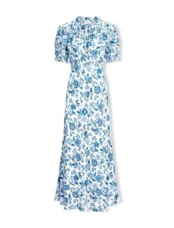 Viola Cotton Blend Bias Cut Maxi Dress - White Blue Palm Floral -CEFINN Shop SU24 D637 VIOLA WHITEBLUEPALMFLORALPRINT LS