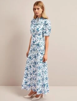 Viola Cotton Blend Bias Cut Maxi Dress - White Blue Palm Floral -CEFINN Shop SU24 D637 VIOLA WHITEBLUEPALMFLORALPRINT LS 25633