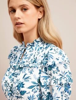 Viola Cotton Blend Bias Cut Maxi Dress - White Blue Palm Floral -CEFINN Shop SU24 D637 VIOLA WHITEBLUEPALMFLORALPRINT LS 25650