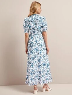 Viola Cotton Blend Bias Cut Maxi Dress - White Blue Palm Floral -CEFINN Shop SU24 D637 VIOLA WHITEBLUEPALMFLORALPRINT LS 25682