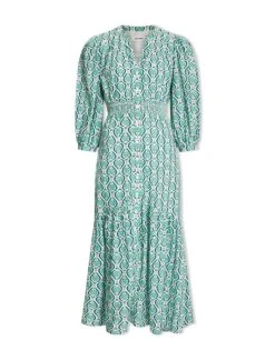 Aspen Cotton Blend Maxi Dress - White Green Tudor Rose Print -CEFINN Shop SU24 D639 ASPEN WHITEGREENTUDORROSEPRINT CO