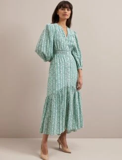 Aspen Cotton Blend Maxi Dress - White Green Tudor Rose Print -CEFINN Shop SU24 D639 ASPEN WHITEGREENTUDORROSEPRINT LS 572