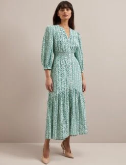 Aspen Cotton Blend Maxi Dress - White Green Tudor Rose Print -CEFINN Shop SU24 D639 ASPEN WHITEGREENTUDORROSEPRINT LS 580