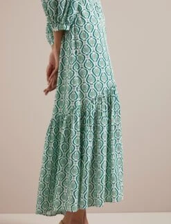 Aspen Cotton Blend Maxi Dress - White Green Tudor Rose Print -CEFINN Shop SU24 D639 ASPEN WHITEGREENTUDORROSEPRINT LS 671