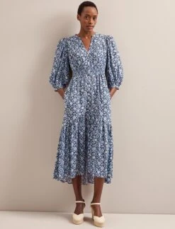 Aspen Cotton Blend Maxi Dress - Blue Ditsy Carnation Print -CEFINN Shop SU24 D639 ASPIN BLUEDITSY CARNATION PRINT LS 5851
