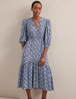 Aspen Cotton Blend Maxi Dress - Blue Ditsy Carnation Print -CEFINN Shop SU24 D639 ASPIN BLUEDITSY CARNATION PRINT LS 5883