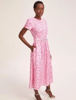 Nina Cotton Blend Maxi Dress - Hot Pink Blossom Print -CEFINN Shop SU24 D644 NINA HOTPINKBLOSSOMPRINT LS 41075