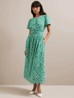 Nina Cotton Blend Maxi Dress - Mid Green Blossom Print -CEFINN Shop SU24 D644 NINA MIDGREENBLOSSOMPRINT LS 051
