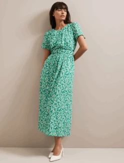 Nina Cotton Blend Maxi Dress - Mid Green Blossom Print -CEFINN Shop SU24 D644 NINA MIDGREENBLOSSOMPRINT LS 063