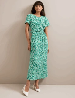 Nina Cotton Blend Maxi Dress - Mid Green Blossom Print -CEFINN Shop SU24 D644 NINA MIDGREENBLOSSOMPRINT LS 071