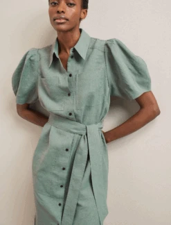 Lyra Techni Linen Maxi Shirt Dress - Sage Green -CEFINN Shop SU24 D645 LYRA SAGEGREEN LS 743