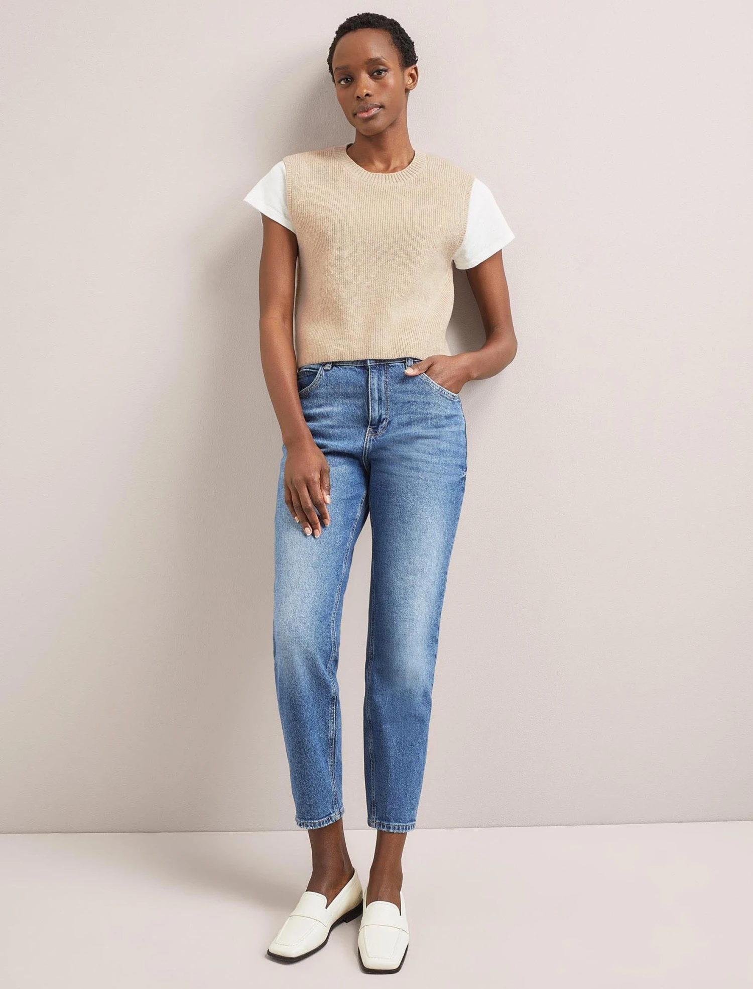 Julie Cotton Round Neck Sleeveless Jumper - Oatmeal 2 Julie Cotton Round Neck Sleeveless Jumper - Oatmeal - Image 2