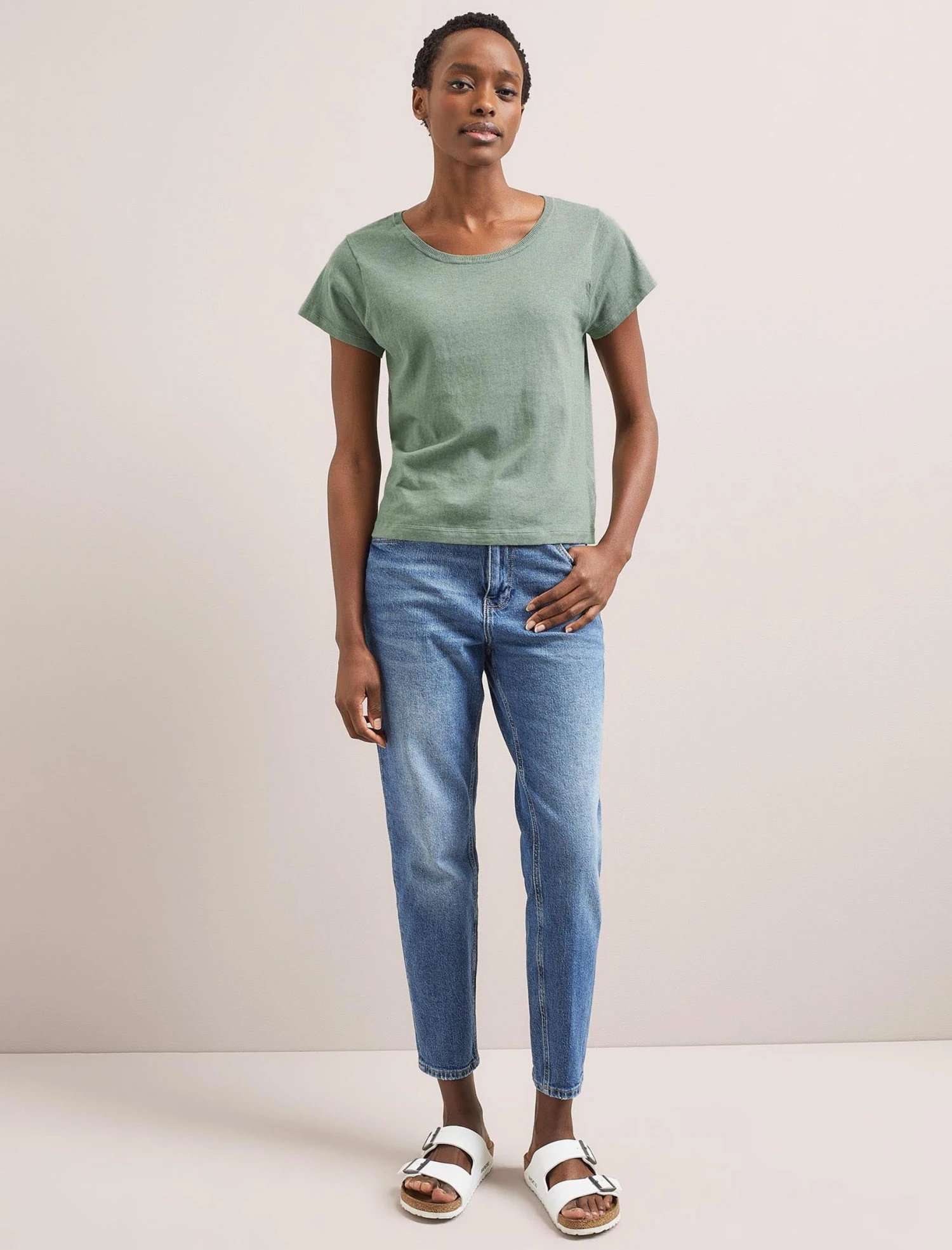Madison Linen Blend Round Neck Knit T-Shirt - Sage Green 2 Madison Linen Blend Round Neck Knit T-Shirt - Sage Green - Image 2