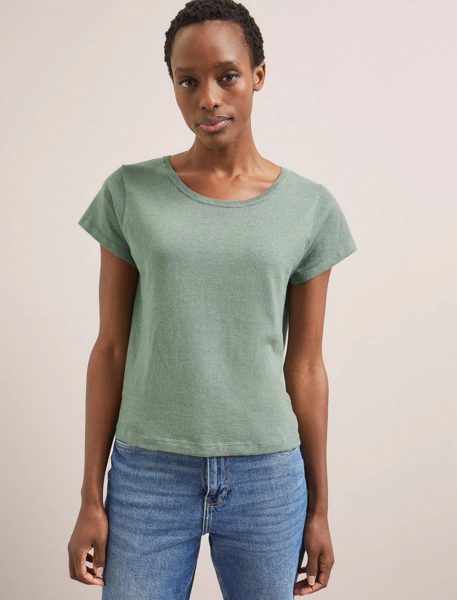 Madison Linen Blend Round Neck Knit T-Shirt - Sage Green 1 Madison Linen Blend Round Neck Knit T-Shirt - Sage Green