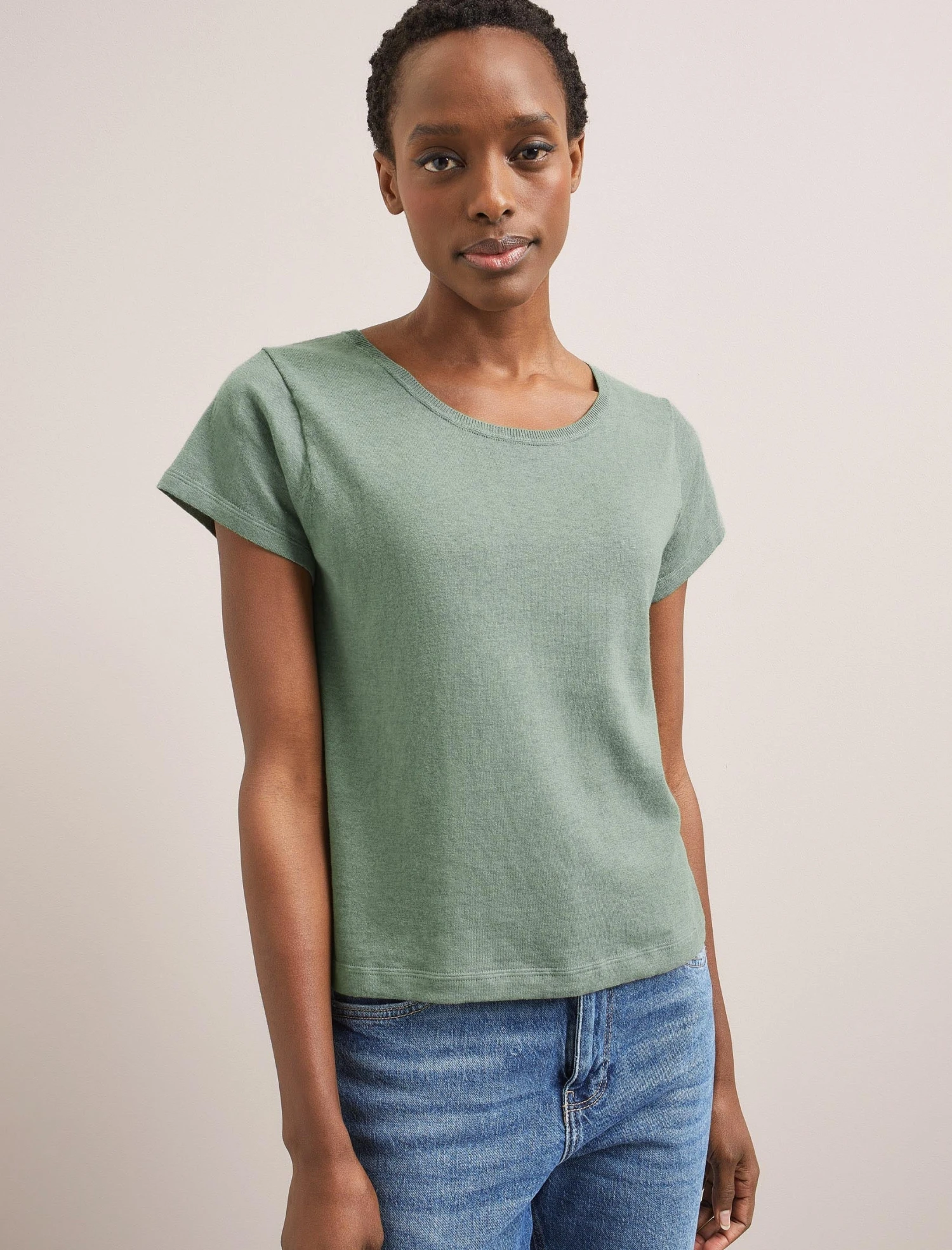 Madison Linen Blend Round Neck Knit T-Shirt - Sage Green 6 Madison Linen Blend Round Neck Knit T-Shirt - Sage Green - Image 6