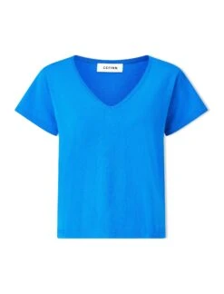 Madison Linen Blend V Neck Knit T-Shirt - Bright Blue -CEFINN Shop SU24 K187 MADISON BRIGHTBLUE CO