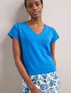 Madison Linen Blend V Neck Knit T-Shirt - Bright Blue -CEFINN Shop SU24 K187 MADISON BRIGHTBLUE LS 1661