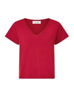 Madison Linen Blend V Neck Knit T-Shirt - Red -CEFINN Shop SU24 K187 MADISON RED CO