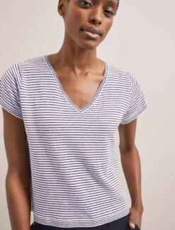 Madison Linen Blend V Neck Knit T-Shirt - White Navy Stripe -CEFINN Shop SU24 K187 MADISON WHITENAVYSTRIPE LS 2959