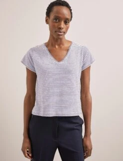 Madison Linen Blend V Neck Knit T-Shirt - White Navy Stripe -CEFINN Shop SU24 K187 MADISON WHITENAVYSTRIPE LS 2971