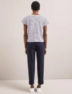 Madison Linen Blend V Neck Knit T-Shirt - White Navy Stripe -CEFINN Shop SU24 K187 MADISON WHITENAVYSTRIPE LS 2979