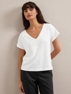 Madison Linen Blend V Neck Knit T-Shirt - White -CEFINN Shop SU24 K187 MADISON WHITE LS 3606