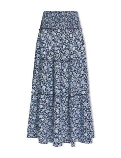 Kira Cotton Blend Maxi Skirt - Blue Ditsy Carnation Print -CEFINN Shop SU24 SK169 KIRA BLUEDITSYCARNATIONPRINT CO