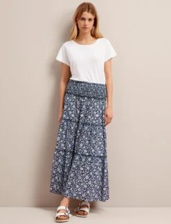 Kira Cotton Blend Maxi Skirt - Blue Ditsy Carnation Print -CEFINN Shop SU24 SK169 KIRA BLUEDITSYCARNATIONPRINT LS 26597