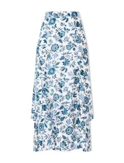 Lotta Cotton Blend Maxi Skirt - White Blue Palm Floral -CEFINN Shop SU24 SK189 LOTTA WHITEBLUEPALMFLORALPRINT CO