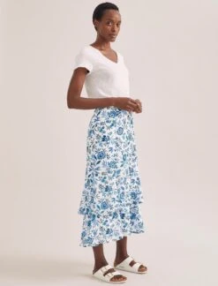 Lotta Cotton Blend Maxi Skirt - White Blue Palm Floral -CEFINN Shop SU24 SK189 LOTTA WHITEBLUEPALMFLORAL LS 2307