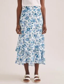 Lotta Cotton Blend Maxi Skirt - White Blue Palm Floral -CEFINN Shop SU24 SK189 LOTTA WHITEBLUEPALMFLORAL LS 2315