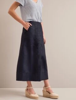 Safia Techni Linen Midi Skirt - Navy -CEFINN Shop SU24 SK190 SAFIA NAVY LS 25073