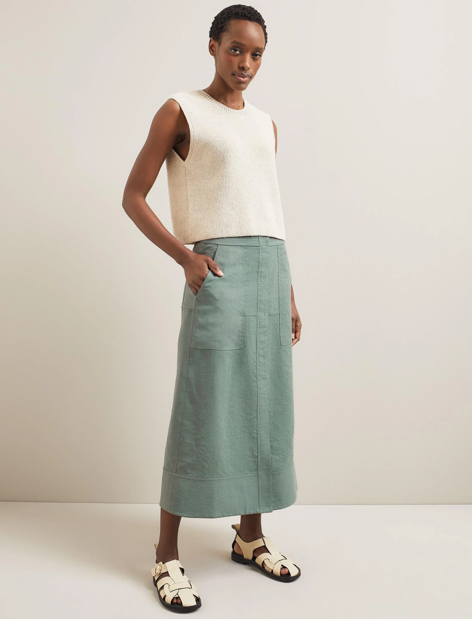 Safia Techni Linen Midi Skirt - Sage Green 1 Safia Techni Linen Midi Skirt - Sage Green