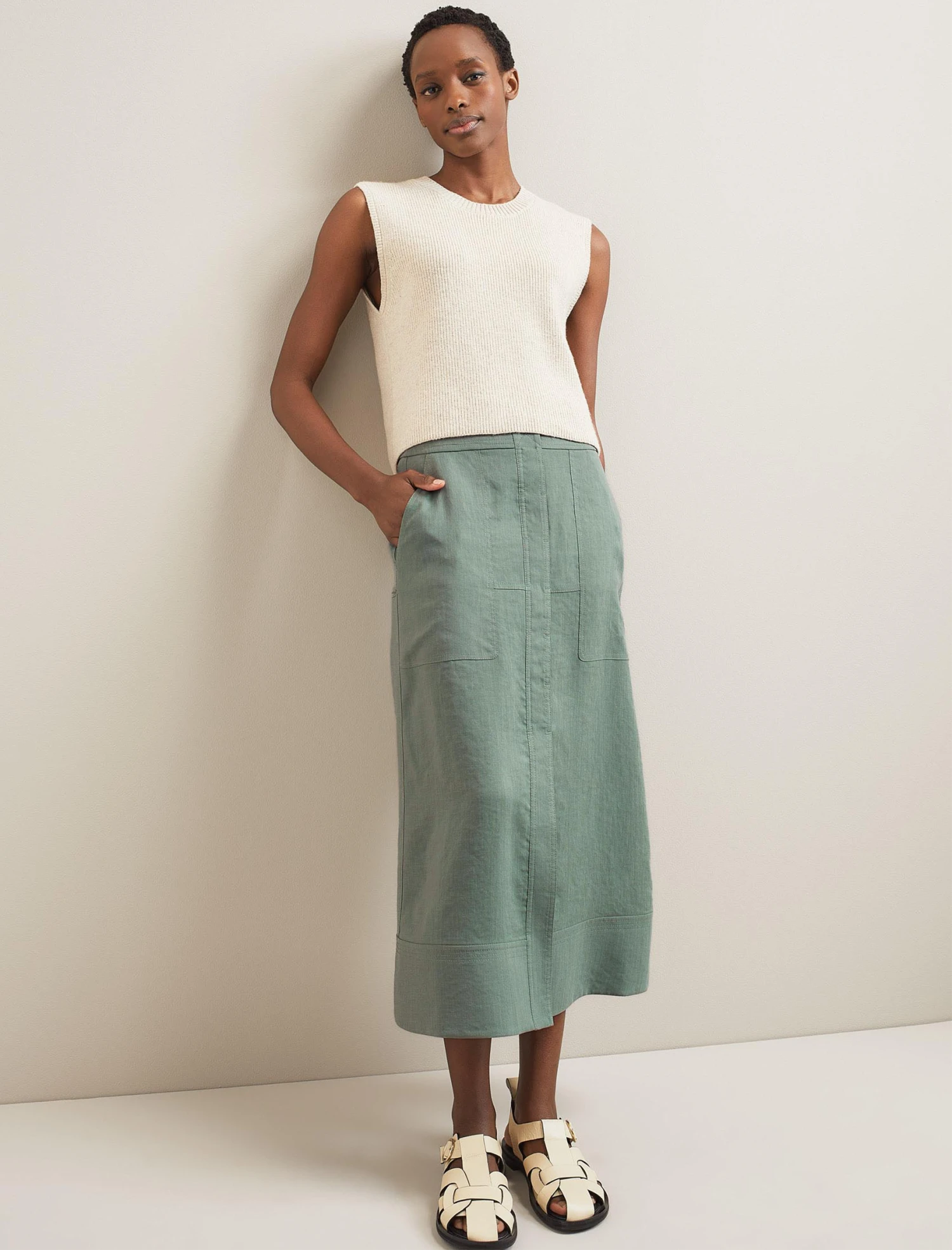 Safia Techni Linen Midi Skirt - Sage Green 3 Safia Techni Linen Midi Skirt - Sage Green - Image 3