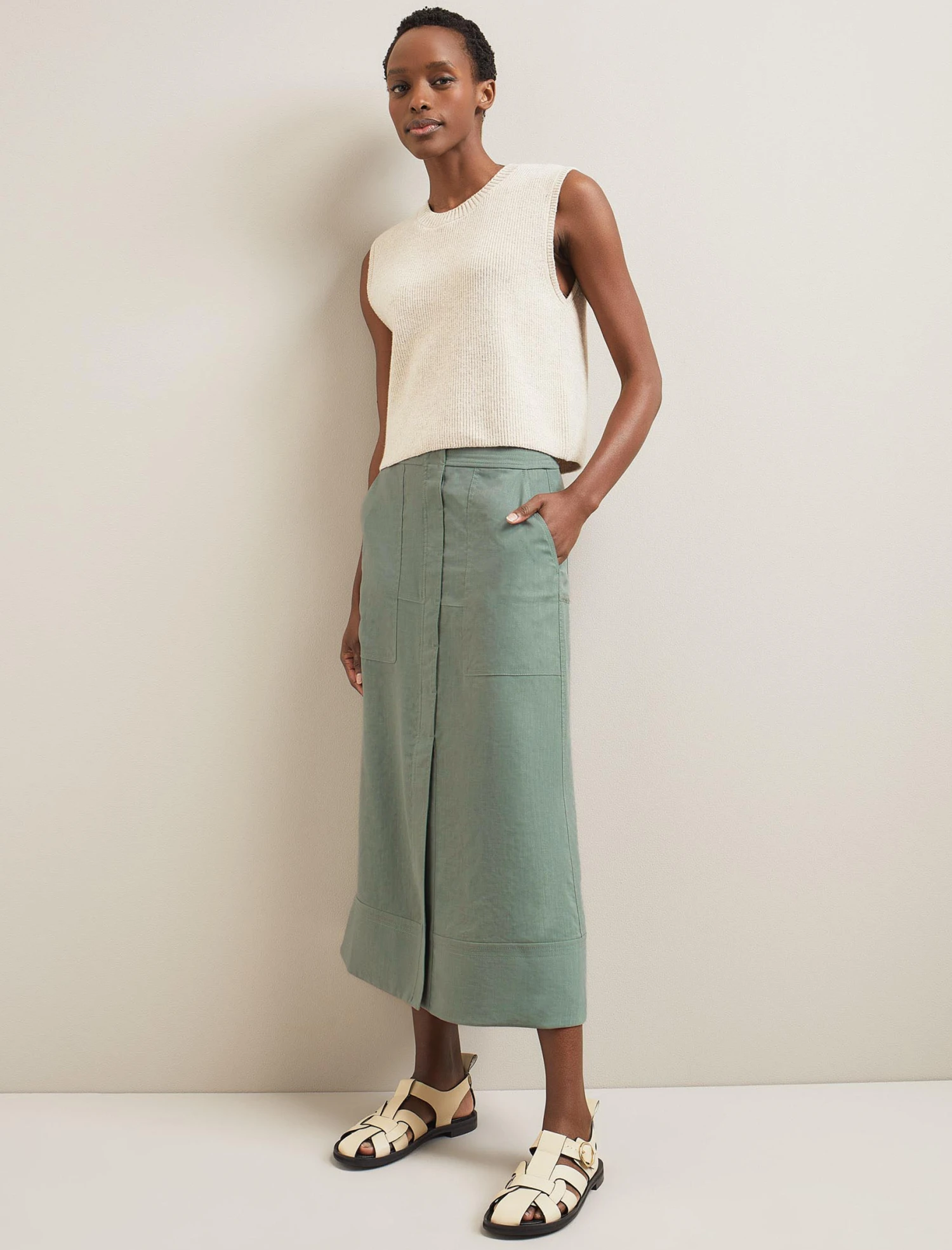 Safia Techni Linen Midi Skirt - Sage Green 2 Safia Techni Linen Midi Skirt - Sage Green - Image 2