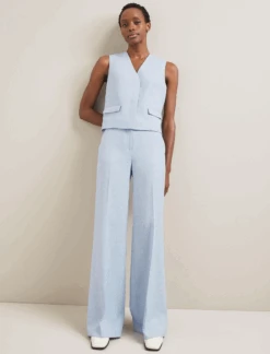 Tyler Linen Blend Wide Leg Trouser - Pale Blue -CEFINN Shop SU24 TR97 TYLER PALEBLUE LS 1139
