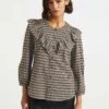 Nessa Long Sleeve Frill Cotton Seersucker Blouse - Black/Cream Check