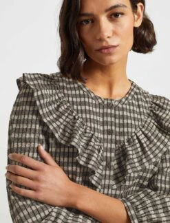 Nessa Long Sleeve Frill Cotton Seersucker Blouse - Black/Cream Check -CEFINN Shop WI21 S47 NESSA BLACK CREAM LS 1286