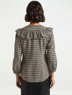 Nessa Long Sleeve Frill Cotton Seersucker Blouse - Black/Cream Check -CEFINN Shop WI21 S47 NESSA BLACK CREAM LS 1290