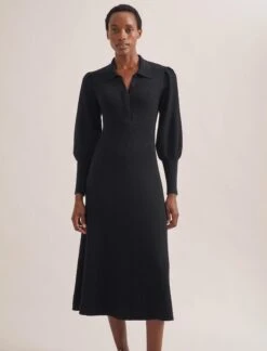 Eva Merino Wool Collared Knit Maxi Dress - Black -CEFINN Shop WI23 D574 EVA BLACK LS 1958